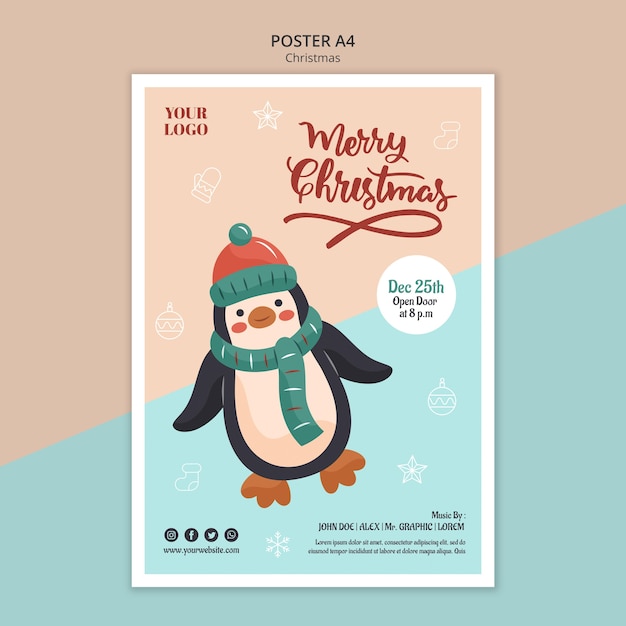 Bezpłatny plik PSD pionowy szablon plakatu na boże narodzenie z pingwinem