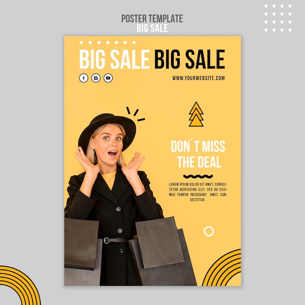 Bezpłatny plik PSD pionowy szablon plakatu na dużą sprzedaż z kobietą i torbami na zakupy
