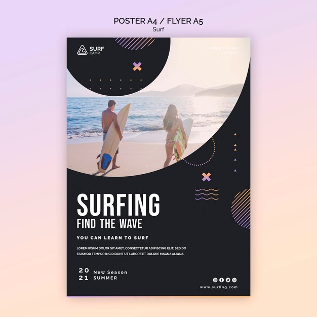 Plakat lekcji surfingu ze zdjęciem