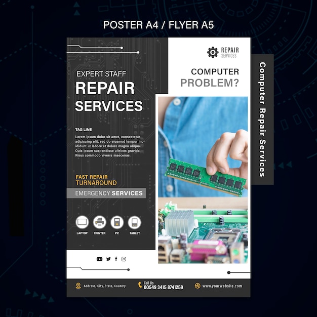 Bezpłatny plik PSD plakat z usługami naprawy komputerów i telefonów