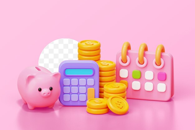 Planowanie finansowe moneta pieniądze z skarbonka i kalkulator kalendarza gospodarka inwestycja biznes i finanse koncepcja 3D ilustracja tła
