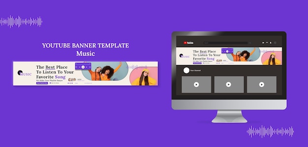 Bezpłatny plik PSD płaska konstrukcja baner youtube aplikacji muzycznej