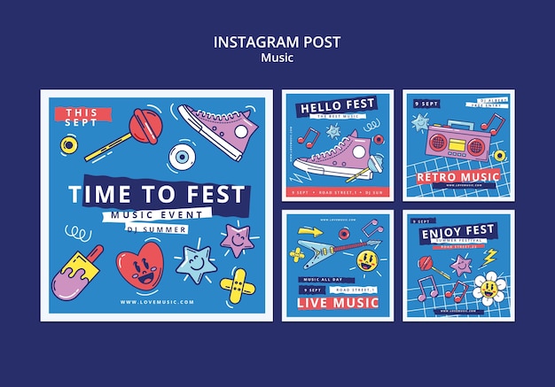 Bezpłatny plik PSD płaska konstrukcja instagram publikuje szablon muzyczny