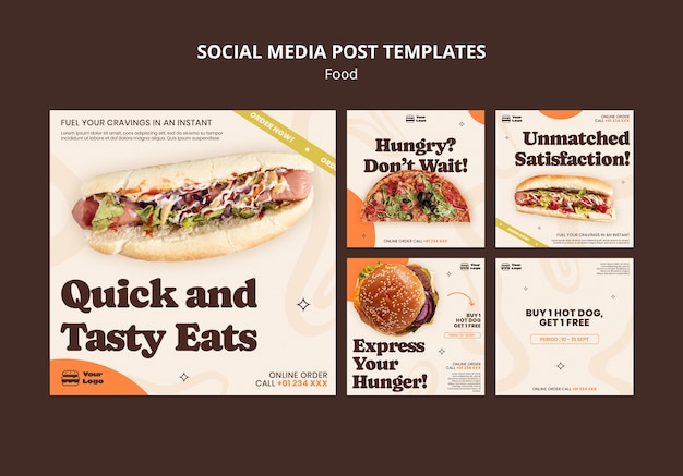 Bezpłatny plik PSD płaska konstrukcja pyszne posty na instagramie żywności