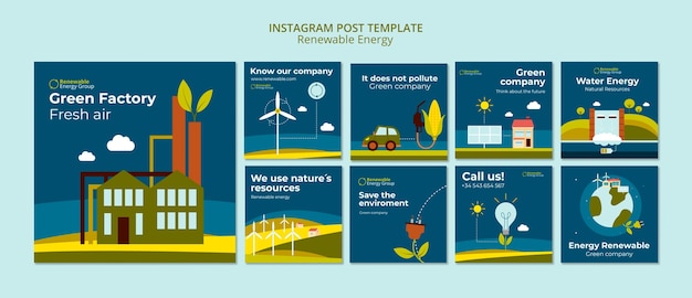 Bezpłatny plik PSD płaska konstrukcja zestawu postów na instagramie energii odnawialnej