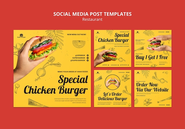 Bezpłatny plik PSD płaska restauracja szablon postów na instagramie