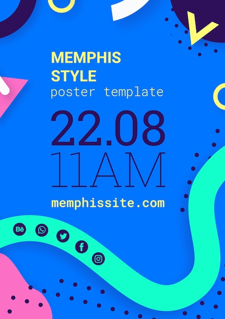 Płaski niebieski plakat w stylu Memphis