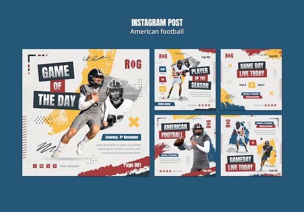 Bezpłatny plik PSD płaski projekt amerykańskiego futbolu posty na instagramie