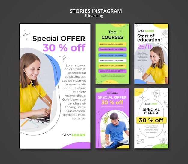 Bezpłatny plik PSD płaskie historie e-learningowe na instagramie