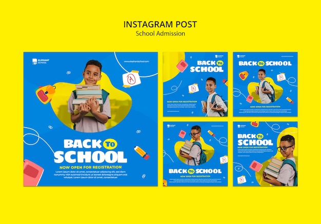 Bezpłatny plik PSD płaskie posty na instagramie dotyczące przyjęcia do szkoły