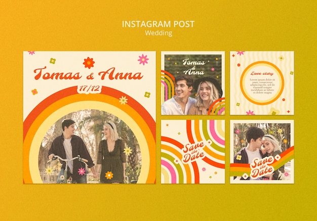 Bezpłatny plik PSD płaskie posty na instagramie z okazji ślubu