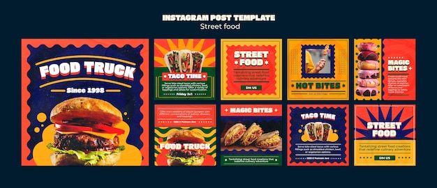 Bezpłatny plik PSD płaskie posty na instagramie z ulicznym jedzeniem