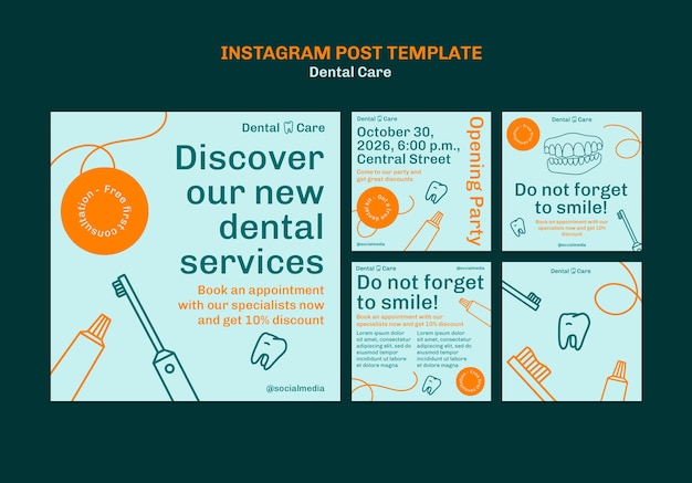 Bezpłatny plik PSD płaskie projekty opieki stomatologicznej posty na instagramie