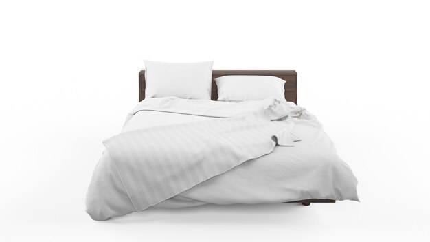 Podwójne łóżko z białą narzutą i kołdrą na białym tle