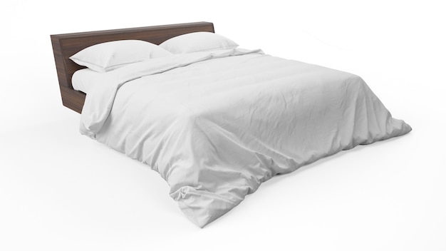 Podwójne łóżko z białą pościelą i kołdrą na białym tle