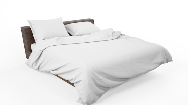 Podwójne łóżko z białą pościelą na białym tle