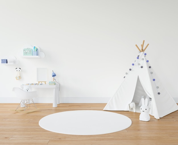 Pokój dziecięcy z białym dywanem i tipi