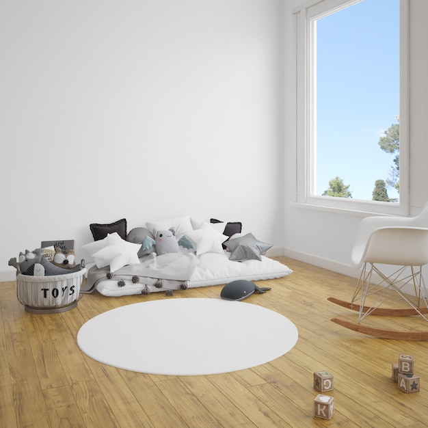 Bezpłatny plik PSD pokój dziecięcy z sofą i dywanem na drewnianej podłodze