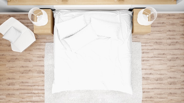 Bezpłatny plik PSD pokój hotelowy lub sypialnia z podwójnym łóżkiem, widok z góry