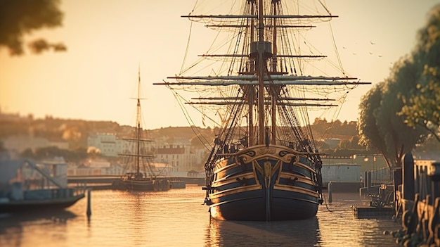 Port piratów z widokiem na stary żaglowy statek Generatywna sztuczna inteligencja