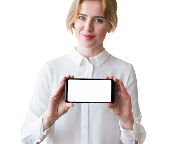 Bezpłatny plik PSD portret kobiety ze smartfonem
