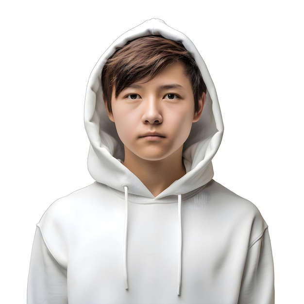 Bezpłatny plik PSD portret młodego azjatyckiego mężczyzny w białej bluzie z kapturem izolowany na białym tle
