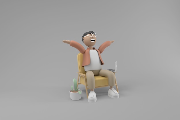 Postać 3D młodego mężczyzny siedzącego na wygodnej kanapie z wolnością i szczęściem