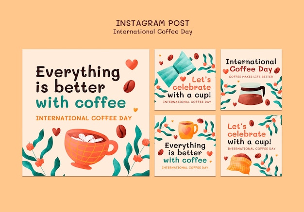 Bezpłatny plik PSD posty na instagramie z okazji międzynarodowego dnia kawy