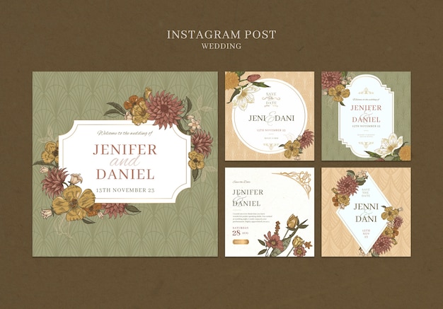 Bezpłatny plik PSD posty na instagramie z okazji ślubu kwiatowego