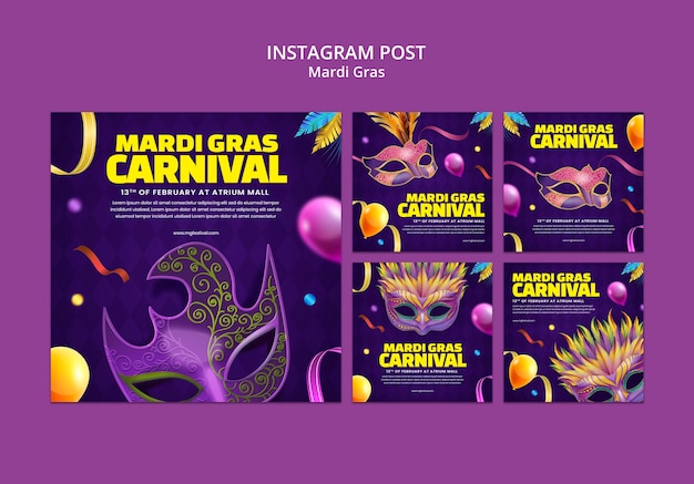 Bezpłatny plik PSD posty na instagramie z uroczystości mardi gras