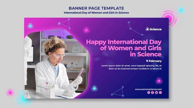 Bezpłatny plik PSD poziomy baner na dzień międzynarodowy kobiet i dziewcząt w obchodach nauki z kobietą naukowcem