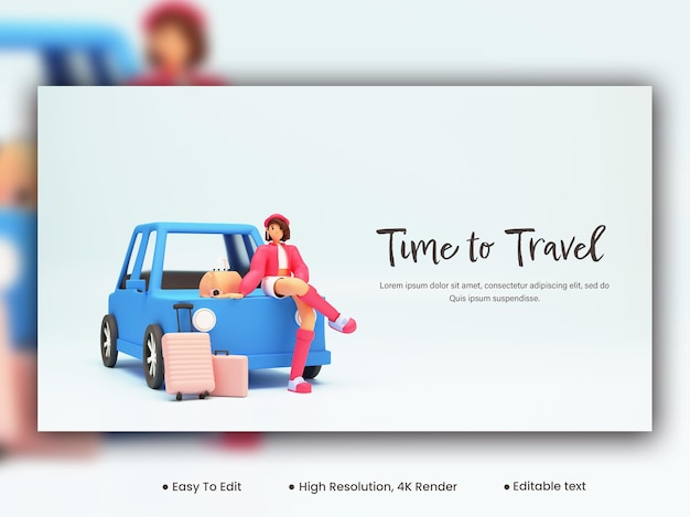 Projekt banera mediów społecznościowych z turystyką 3d lady character bagaż i ilustracja samochodu dla koncepcji czasu na podróż
