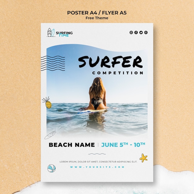 Bezpłatny plik PSD projekt szablonu plakat surfer