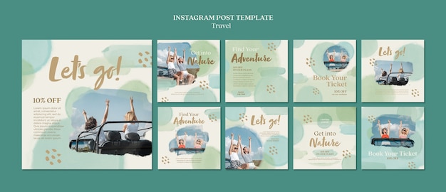 Bezpłatny plik PSD projekt szablonu postu na instagram akwarela podróży