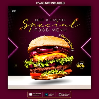 Promocja żywności w mediach społecznościowych i szablon projektu neonowego banera na instagramie