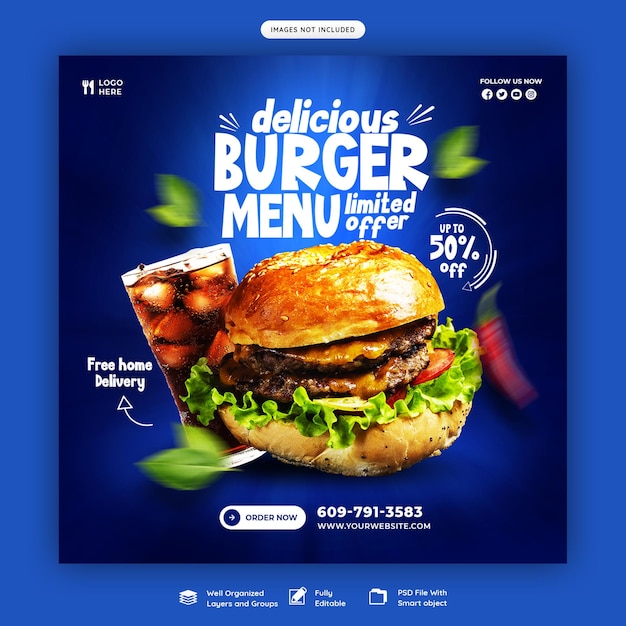 Pyszne Burger I Jedzenie Menu Szablon Mediów Społecznych Banner