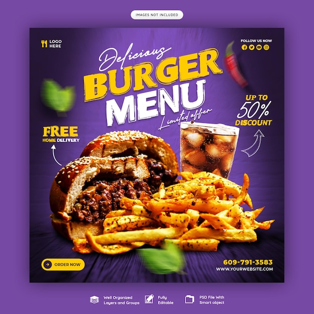 Pyszne Burger I Jedzenie Menu Szablon Mediów Społecznych Banner