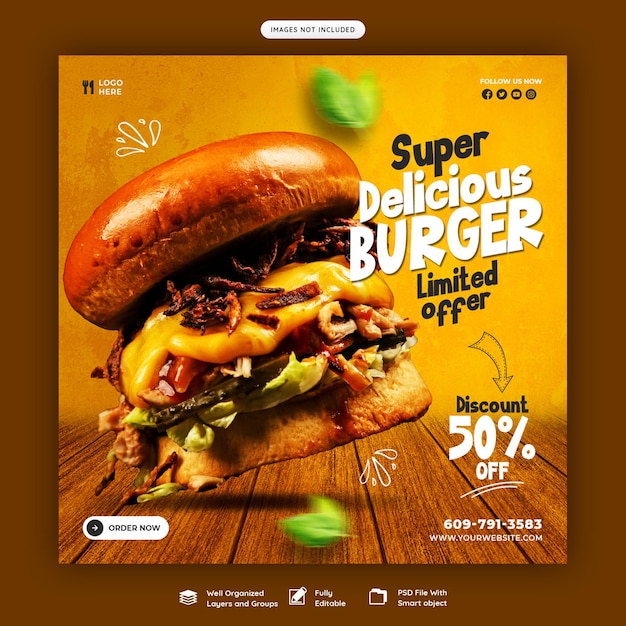 Bezpłatny plik PSD pyszne burger i jedzenie menu szablon mediów społecznych banner