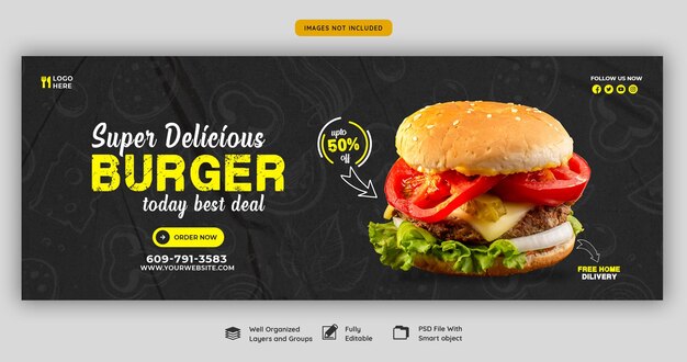Pyszny burger i jedzenie szablon okładki facebook