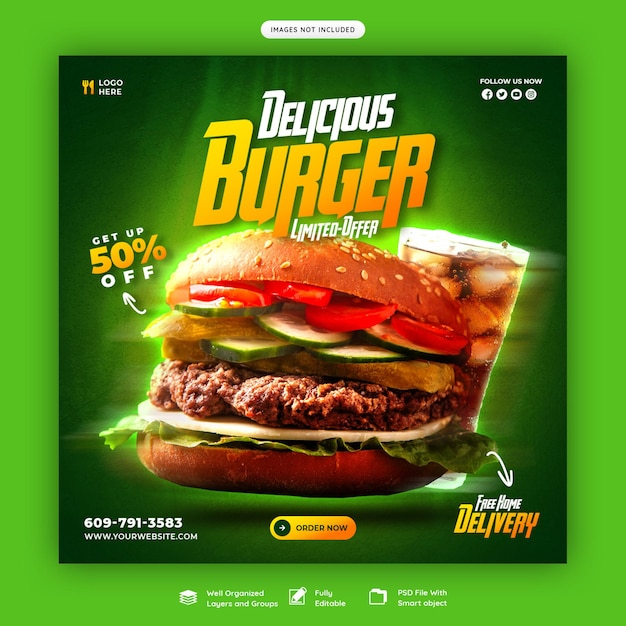 Bezpłatny plik PSD pyszny burger i menu żywności baner mediów społecznościowych lub szablon postu na instagramie