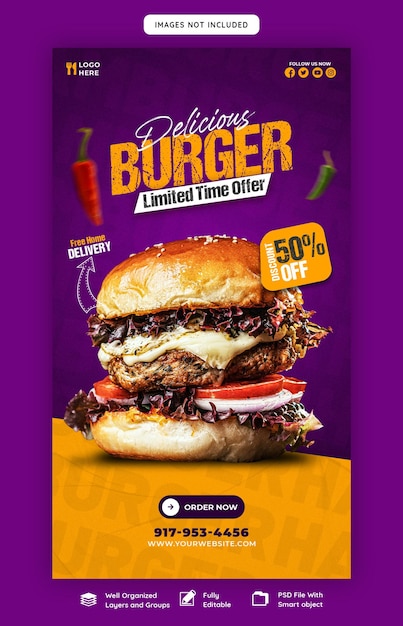 Pyszny Burger I Menu żywności Szablon Historii Na Instagramie I Facebooku