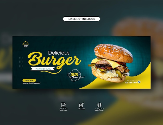 Pyszny burger i promocja menu z jedzeniem w mediach społecznościowych szablon postu
