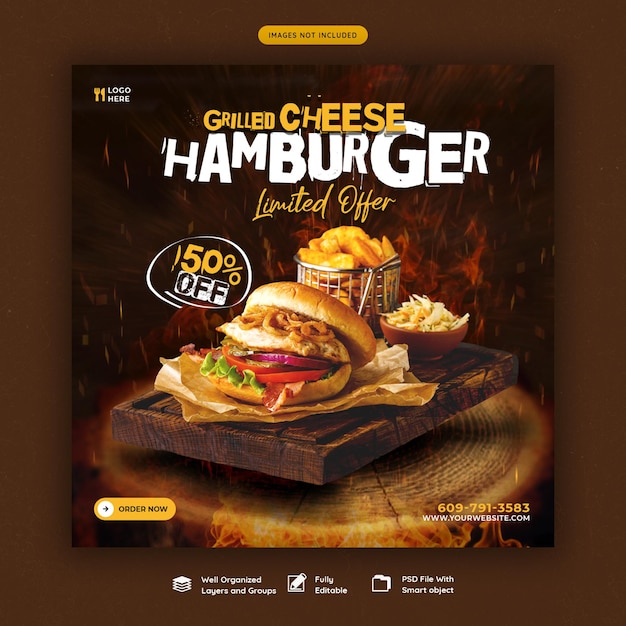 Bezpłatny plik PSD pyszny burger i szablon banera mediów społecznościowych menu żywności