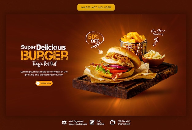 Pyszny burger i szablon baneru internetowego menu żywności