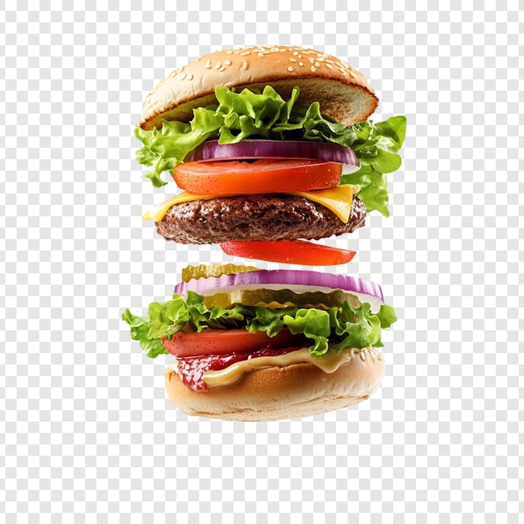 Bezpłatny plik PSD pyszny, soczysty, podwójny cheeseburger w powietrzu.