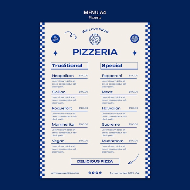 Pyszny szablon menu żywności pizzerii