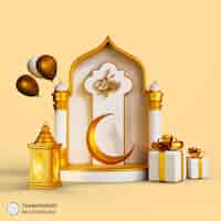 Bezpłatny plik PSD ramadan podium z latarnią i pudełkiem na prezent 3d ilustracji