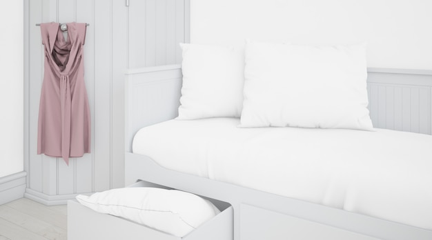 realistyczna biała sypialnia z meblami