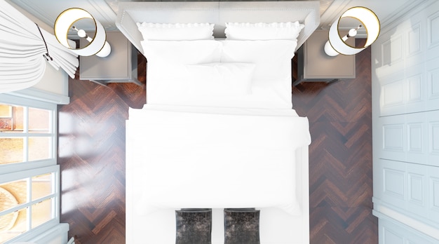 Bezpłatny plik PSD realistyczna elegancka sypialnia dwuosobowa z meblami i dużymi oknami w widoku z góry