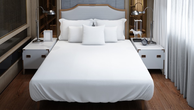 Bezpłatny plik PSD realistyczna jasna nowoczesna sypialnia dwuosobowa z meblami